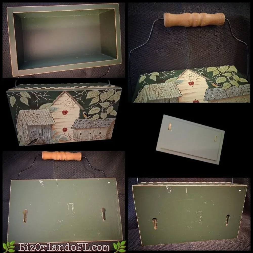 VINTAGE: Handpainted Wooden Folk Art Box Birdhouse Scene Wire Handle Wooden Grip